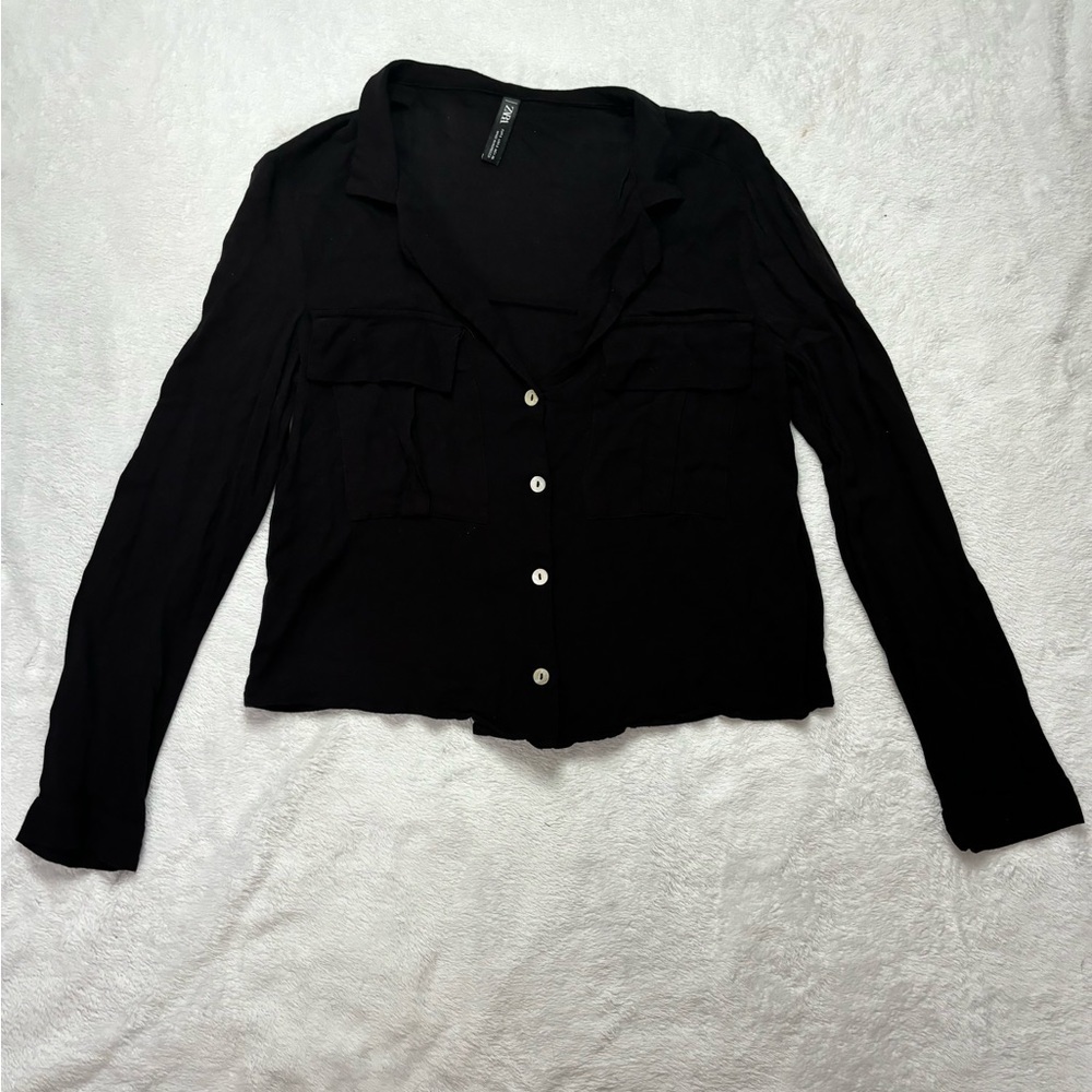 Zara Button Down Shirt Top Long Sleeve Pockets Black Blouse Size M‎